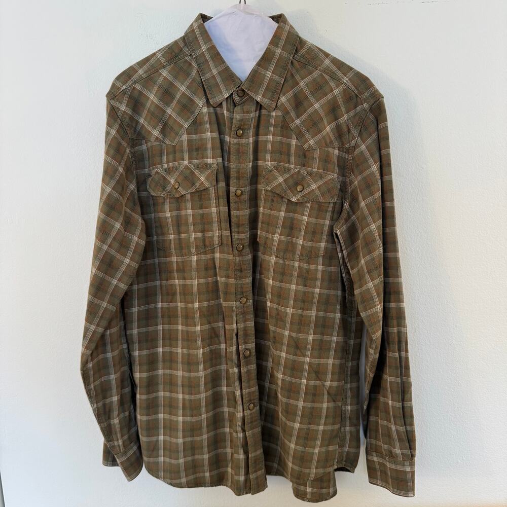 Eddie Bauer Classic Fit Ranch Shirt Mens Medium Brown Plaid Western Pearl Snap